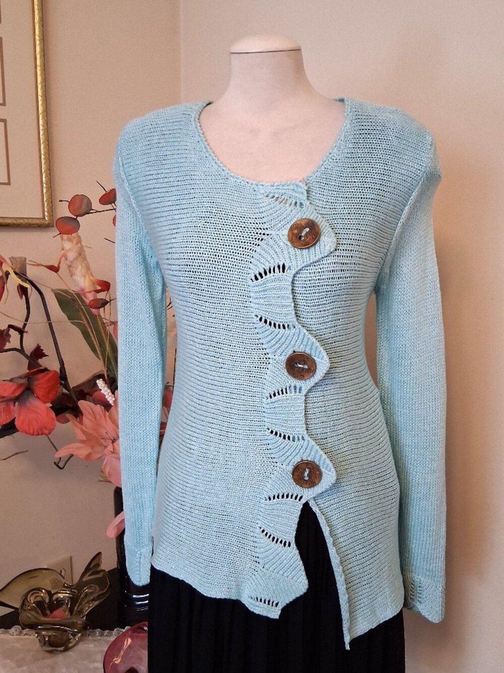 Quality Structured Knit Cardigan Sweater Women 14L Office Fall Winter Baby Blue